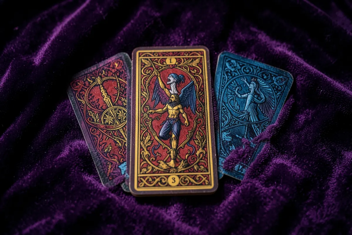 Três cartas de tarot dispostas em um padrão de cruz celta sobre um pano de veludo roxo.