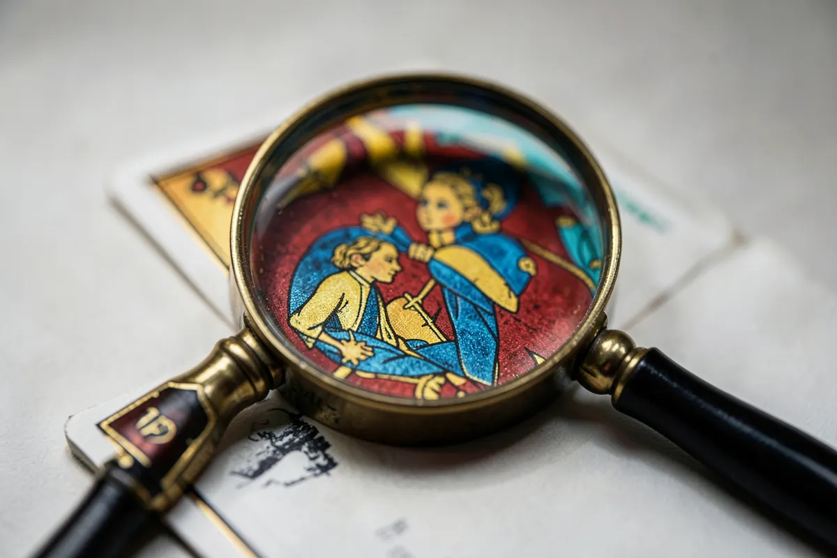 Uma lupa focando em uma carta de tarot com o símbolo de um casal, sobre um fundo de várias cartas.