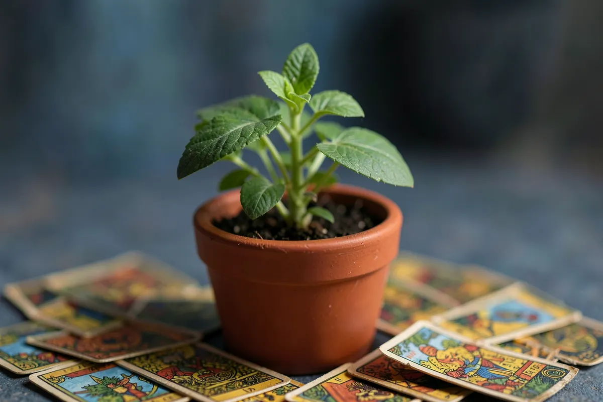 Uma planta crescendo em um vaso, com cartas de tarot dispostas ao redor da base, simbolizando crescimento e desenvolvimento.