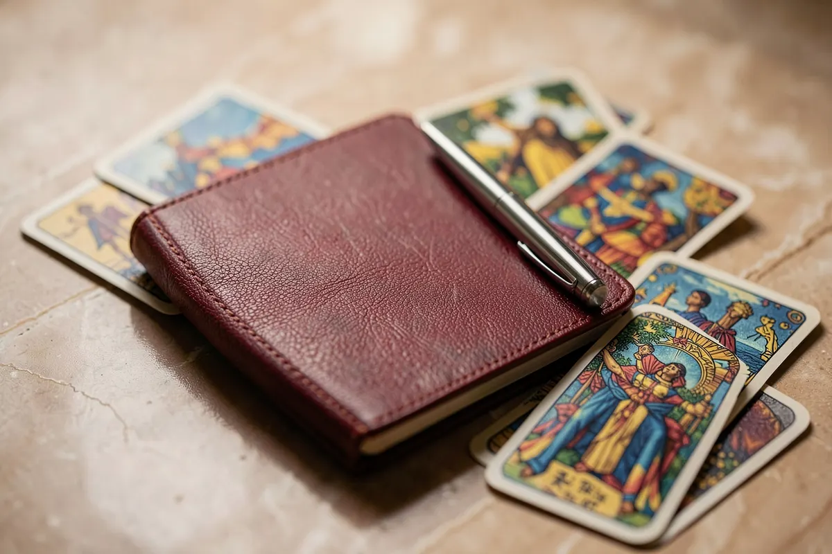Um caderno fechado com uma caneta ao lado, sobre uma mesa com algumas cartas de tarot espalhadas.