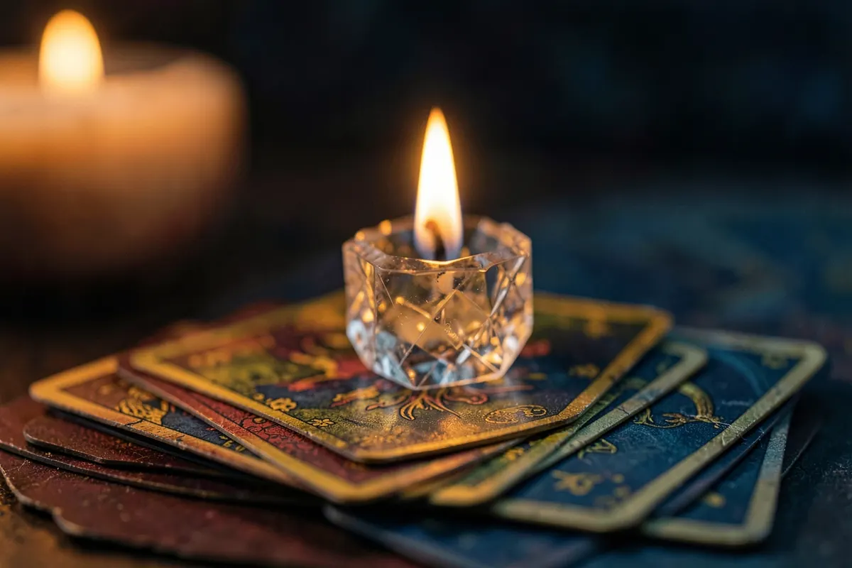 Uma vela acesa e um pequeno cristal sobre um monte de cartas de tarot, criando uma atmosfera mística.