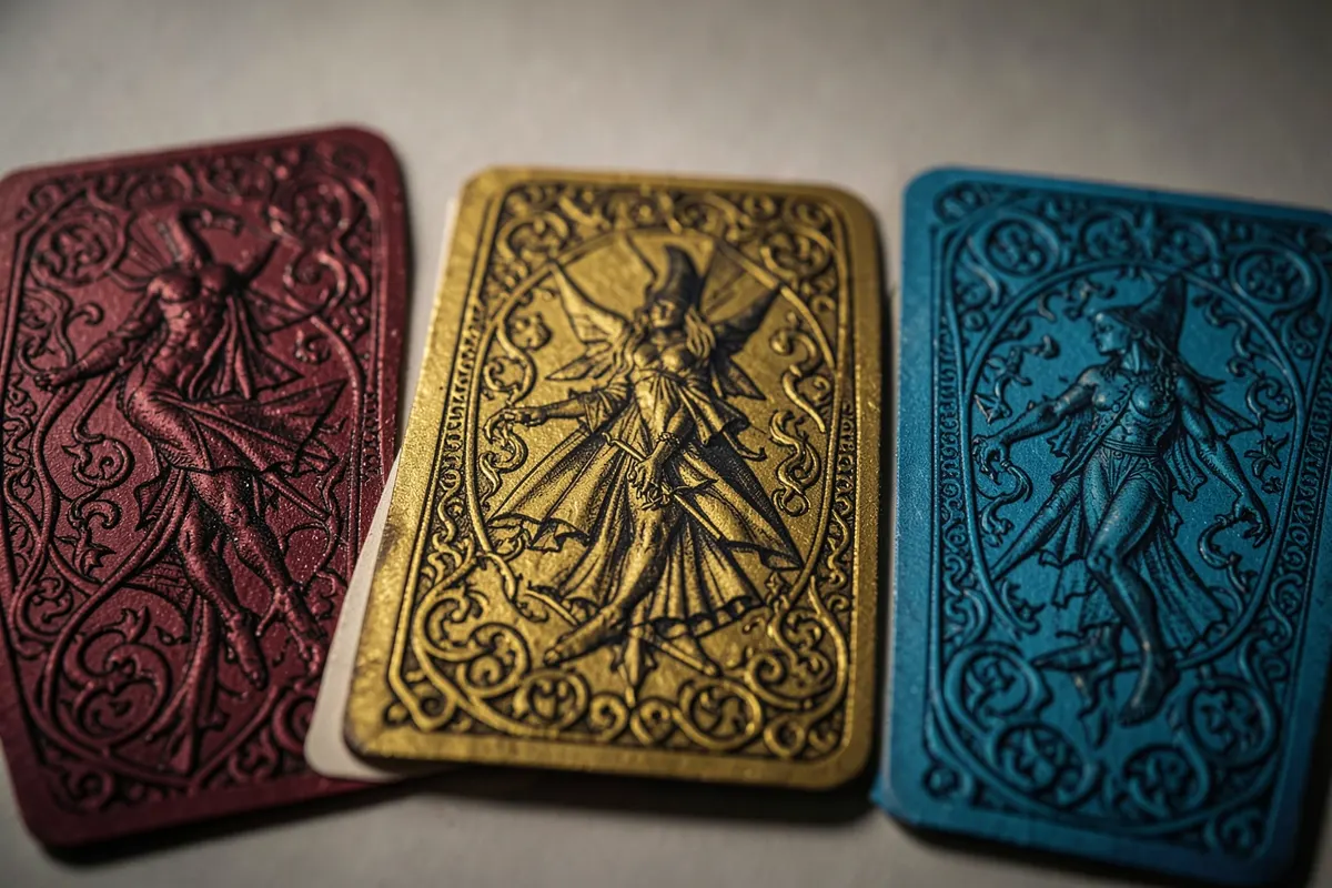 Um close-up de três cartas do baralho cigano com desenhos simbólicos, focando nos detalhes das ilustrações.