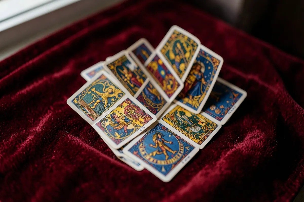 Uma mão anônima embaralhando um monte de cartas do baralho cigano sobre uma superfície de veludo vermelho.