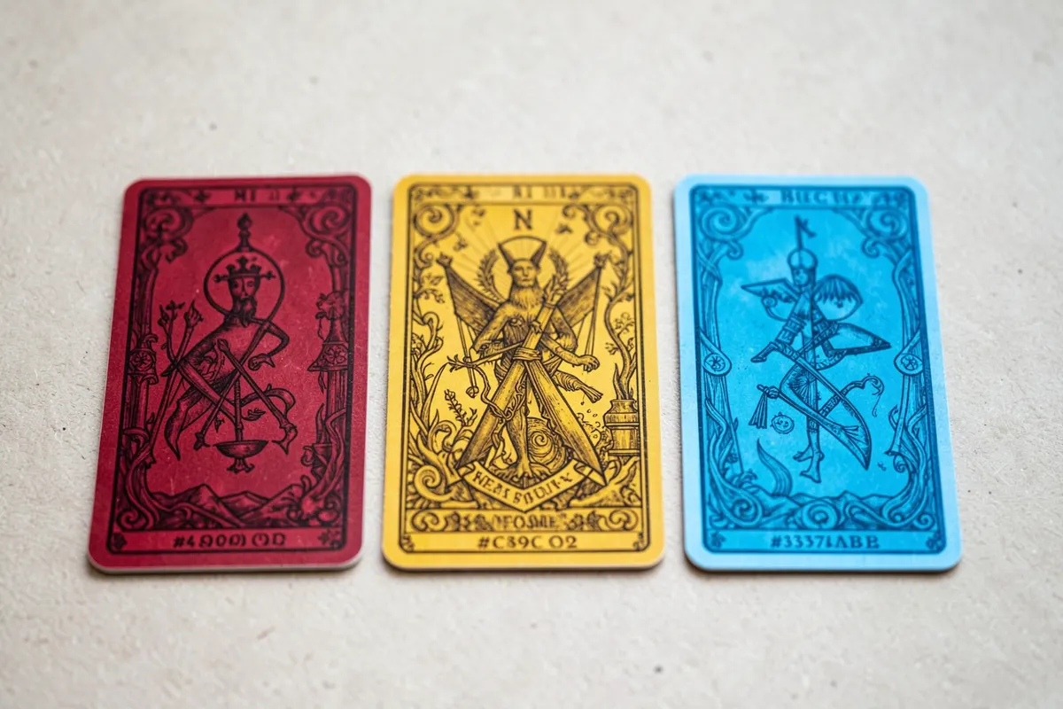 Três cartas do baralho cigano abertas, mostrando diferentes naipes e símbolos, dispostas em um padrão linear.