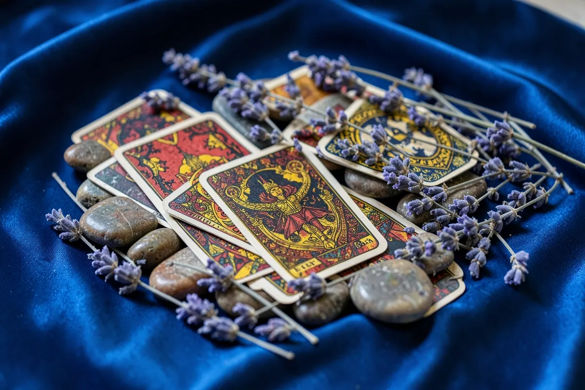 Um conjunto de cartas do baralho cigano espalhadas aleatoriamente sobre um pano de seda azul, com alguns cristais e ervas secas ao redor.