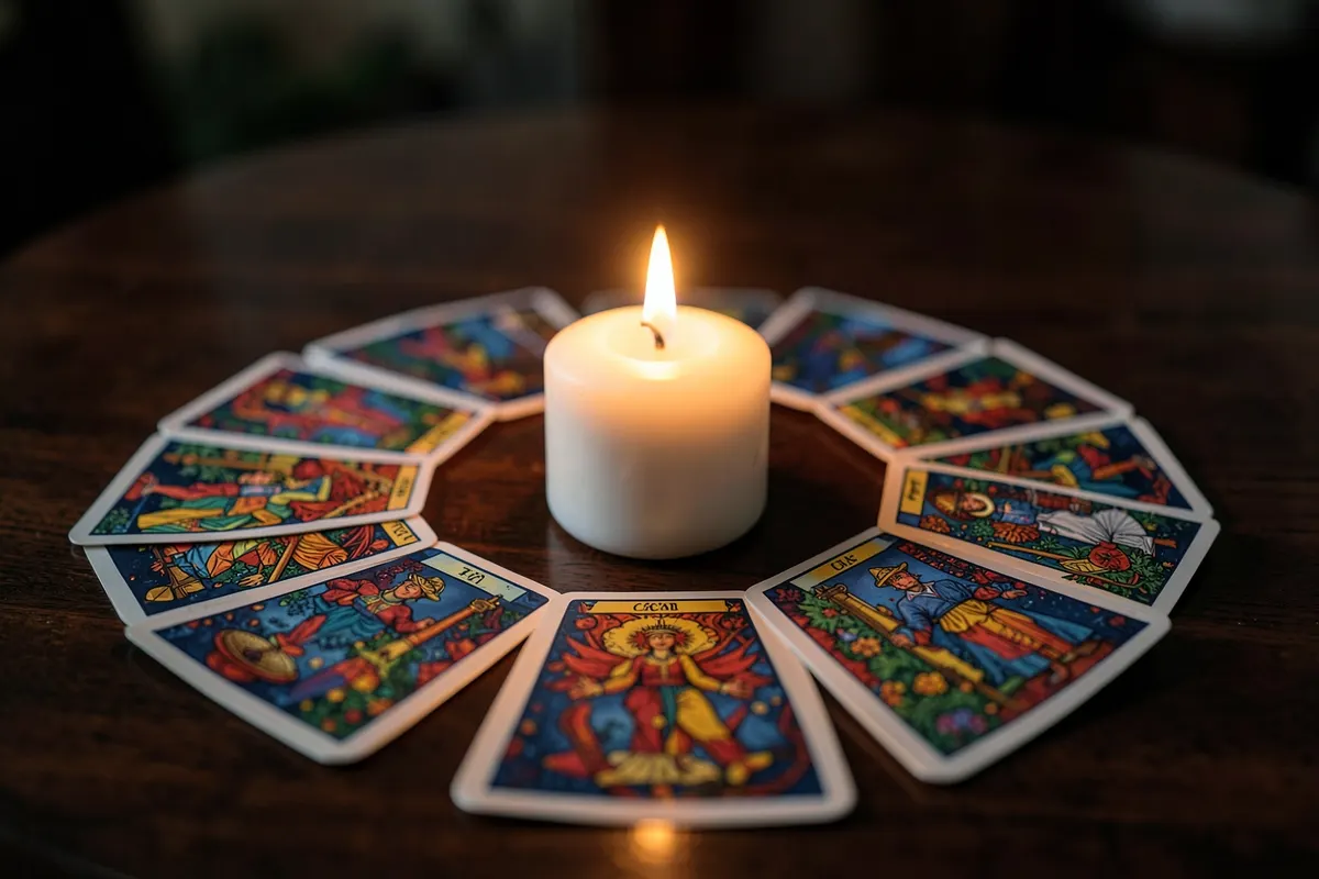 Um conjunto de cartas do baralho cigano dispostas em um círculo sobre uma mesa de madeira, com uma vela acesa no centro.
