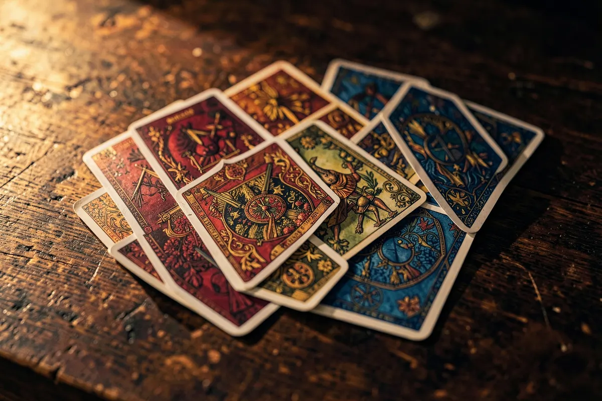 Um baralho de cartas de tarot espalhadas sobre uma mesa de madeira escura.