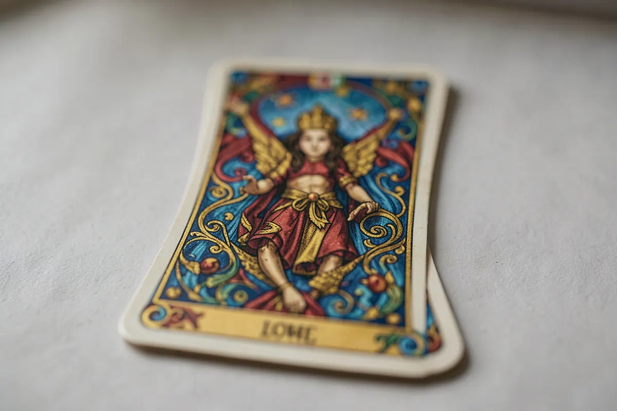 Uma única carta de tarot, O Amante, virada para cima em um fundo simples.