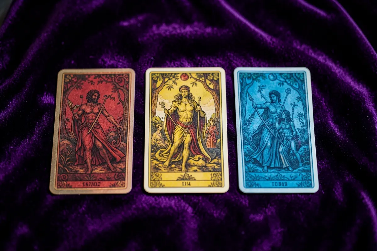 Três cartas de tarot dispostas em linha sobre um tecido de veludo roxo.