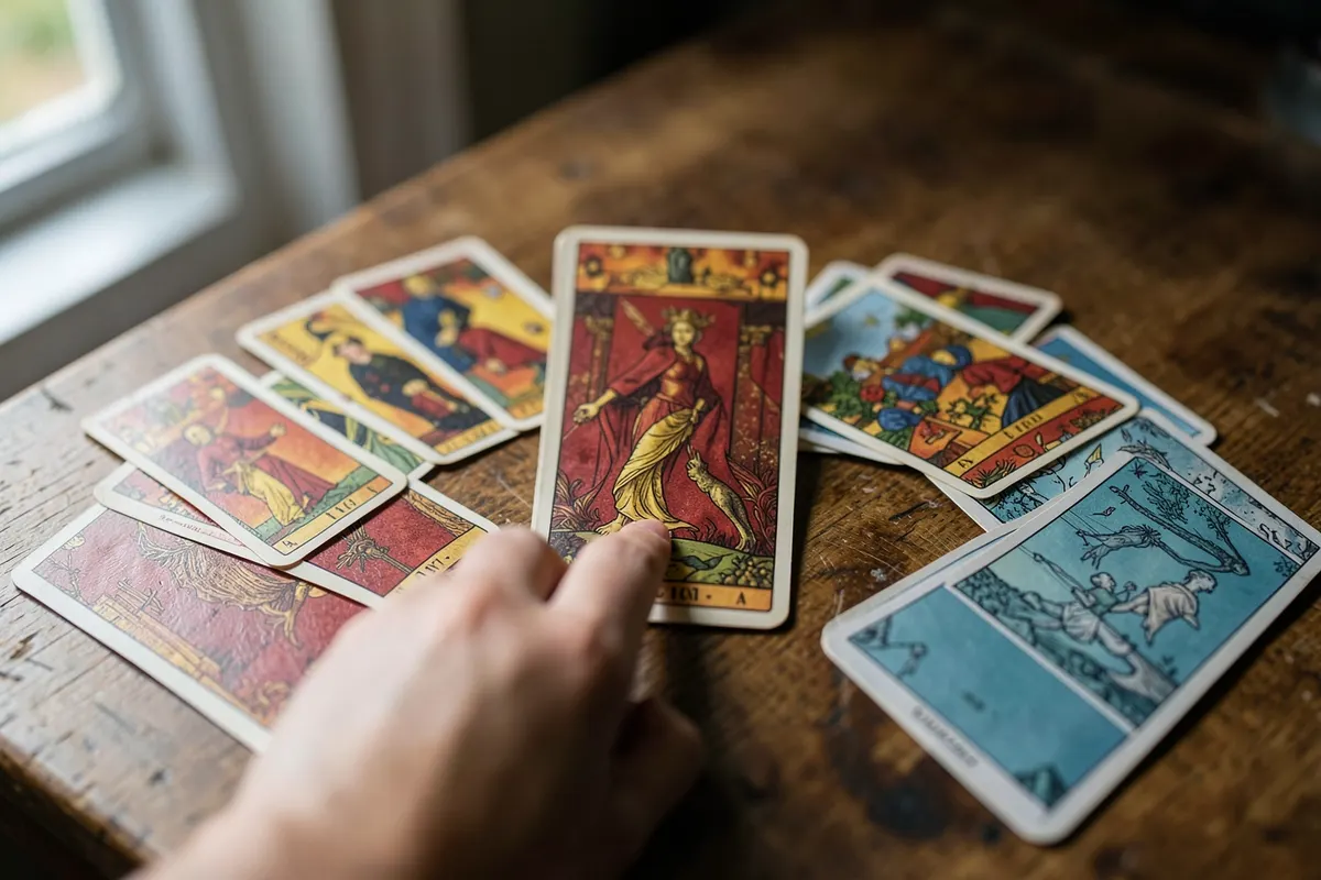 Uma mão apontando para uma carta de tarot específica em uma tiragem.