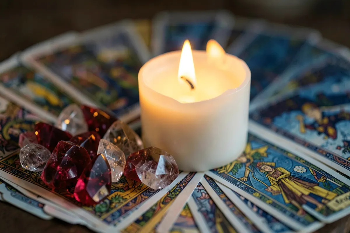 Um conjunto de cristais e uma vela acesa ao lado de cartas de tarot.