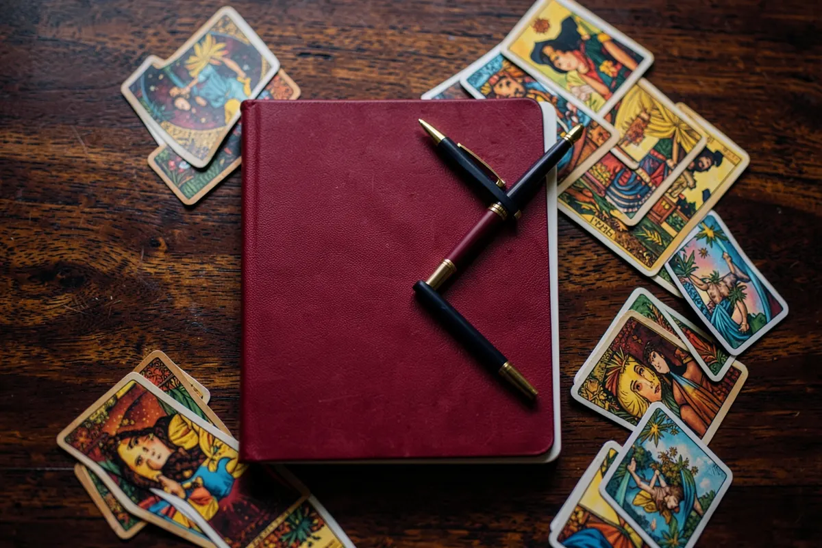 Uma pessoa escrevendo em um caderno com algumas cartas de tarot ao lado.