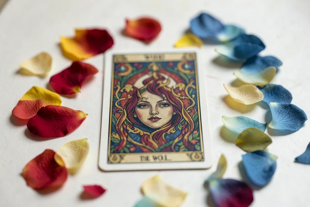 Uma única carta de tarot, O Mundo, virada para cima com pétalas de flores ao redor.