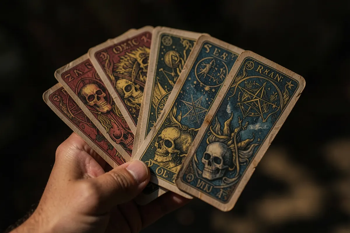 Mão segurando cartas de baralho com ilustrações de caveiras e símbolos místicos.