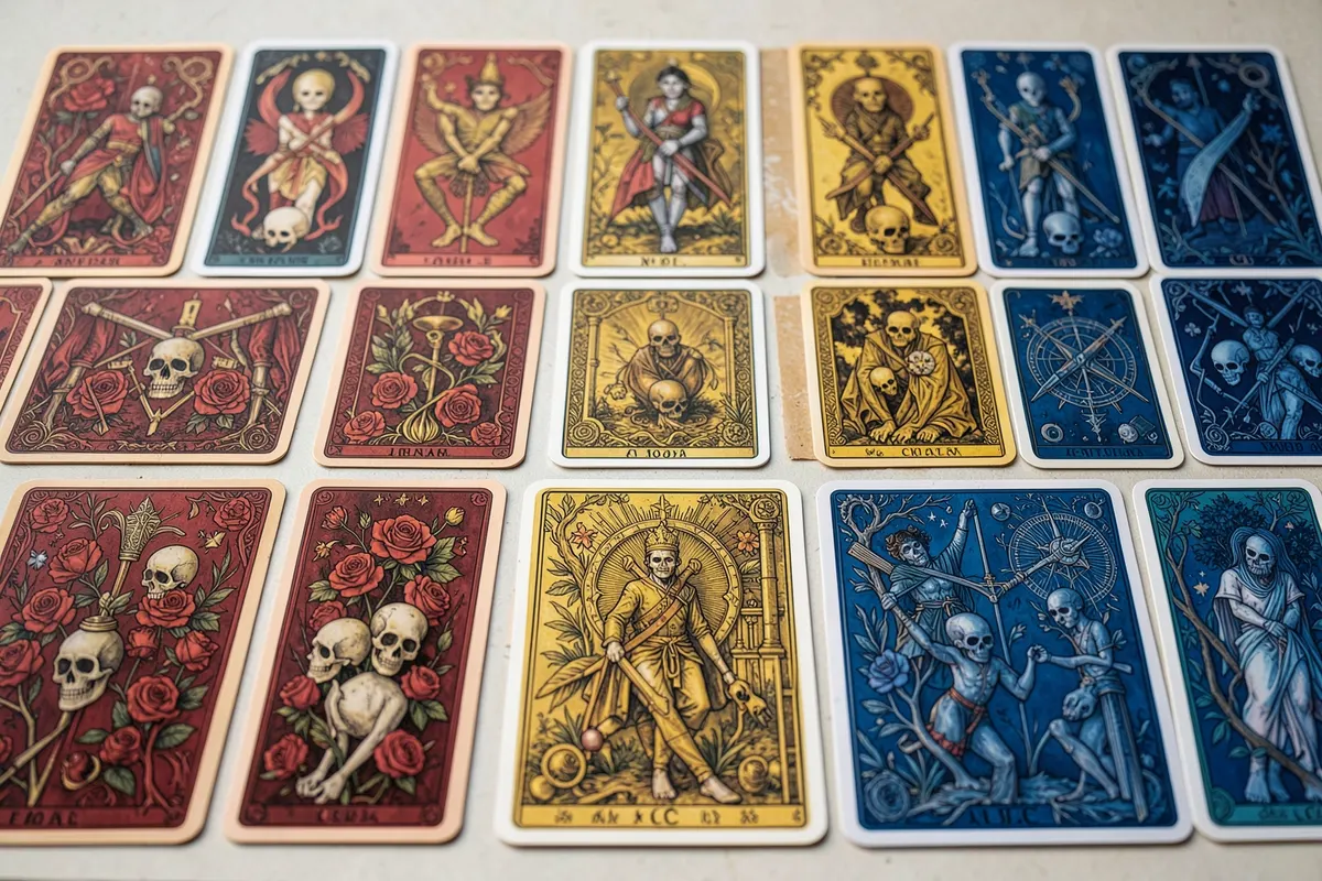Conjunto de cartas de baralho com ilustrações de caveiras, rosas e símbolos esotéricos.