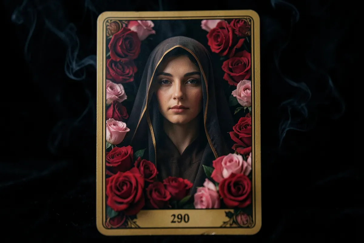 Carta de baralho com a figura de uma mulher com véu e rosas, em fundo escuro.