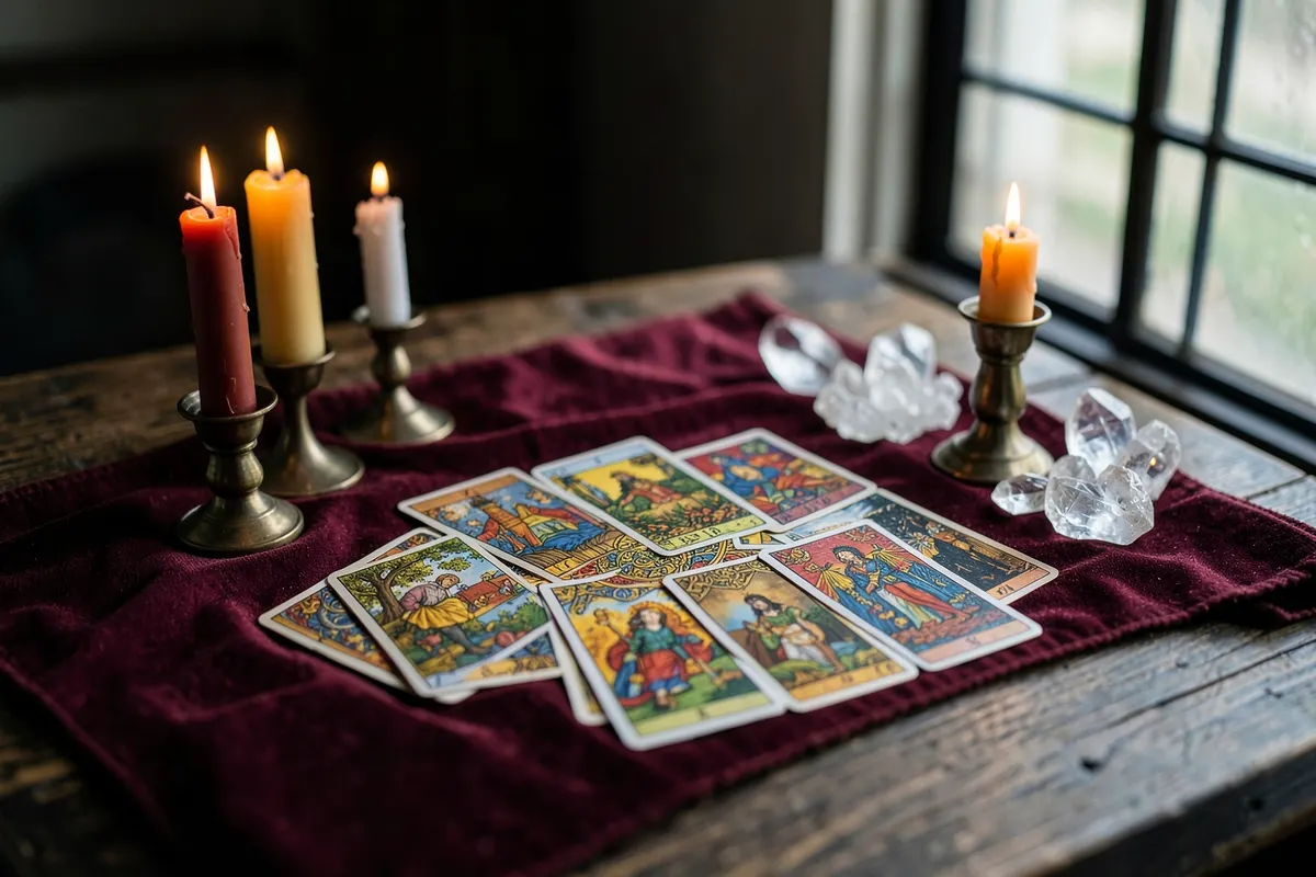 Mesa com cartas de baralho dispostas em um padrão de leitura, com velas e cristais.