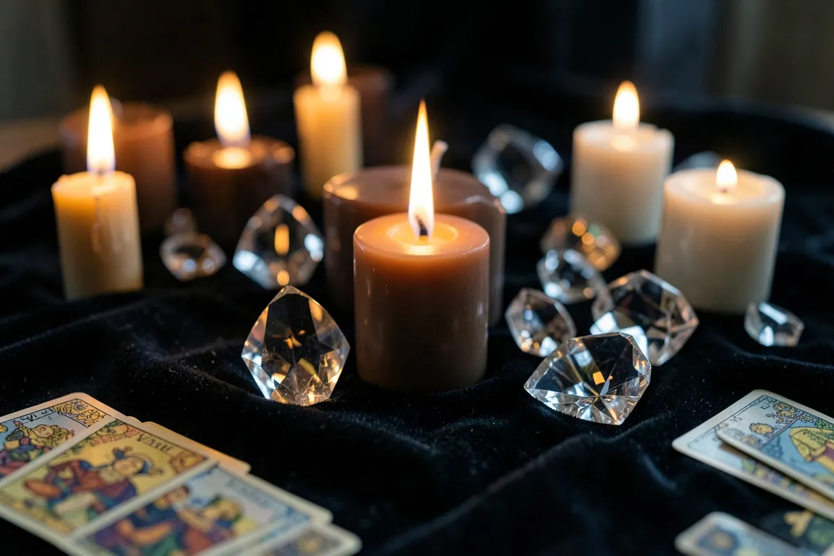 Velas acesas e cristais dispostos sobre um pano escuro, ao lado de cartas de baralho.