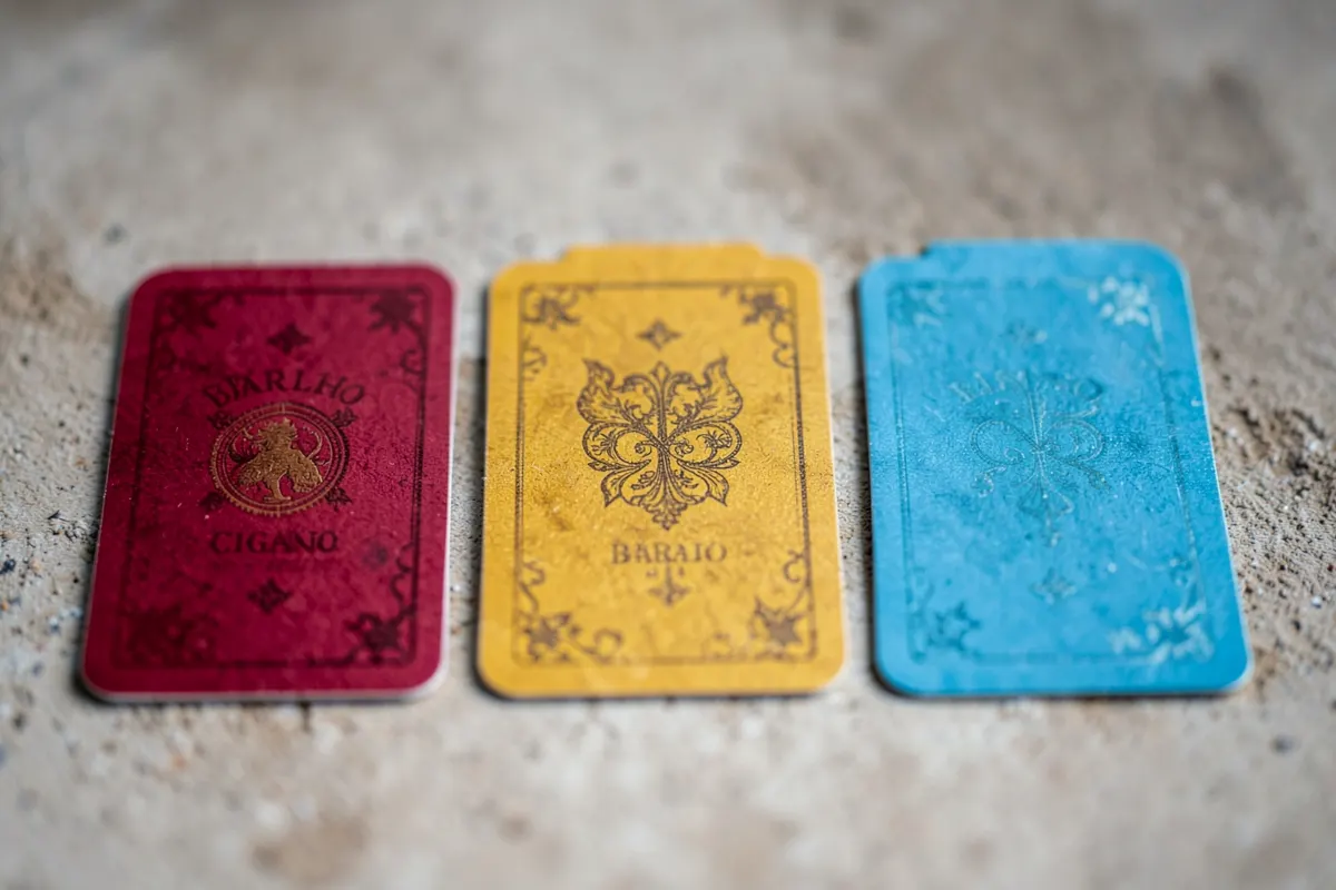 Um close-up de três cartas do Baralho Cigano dispostas em linha, mostrando os números e símbolos das cartas.
