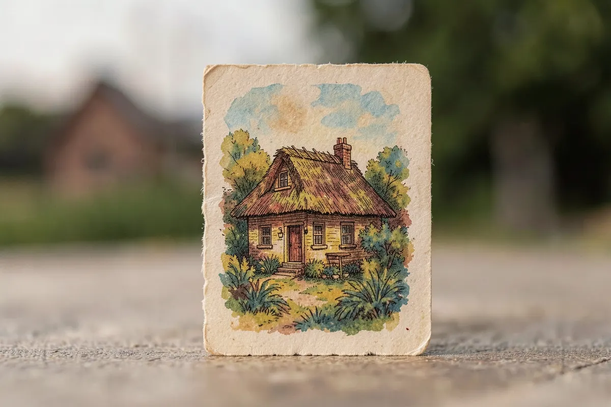 Uma única carta do Baralho Cigano com a ilustração de uma casa, em destaque sobre um fundo desfocado.