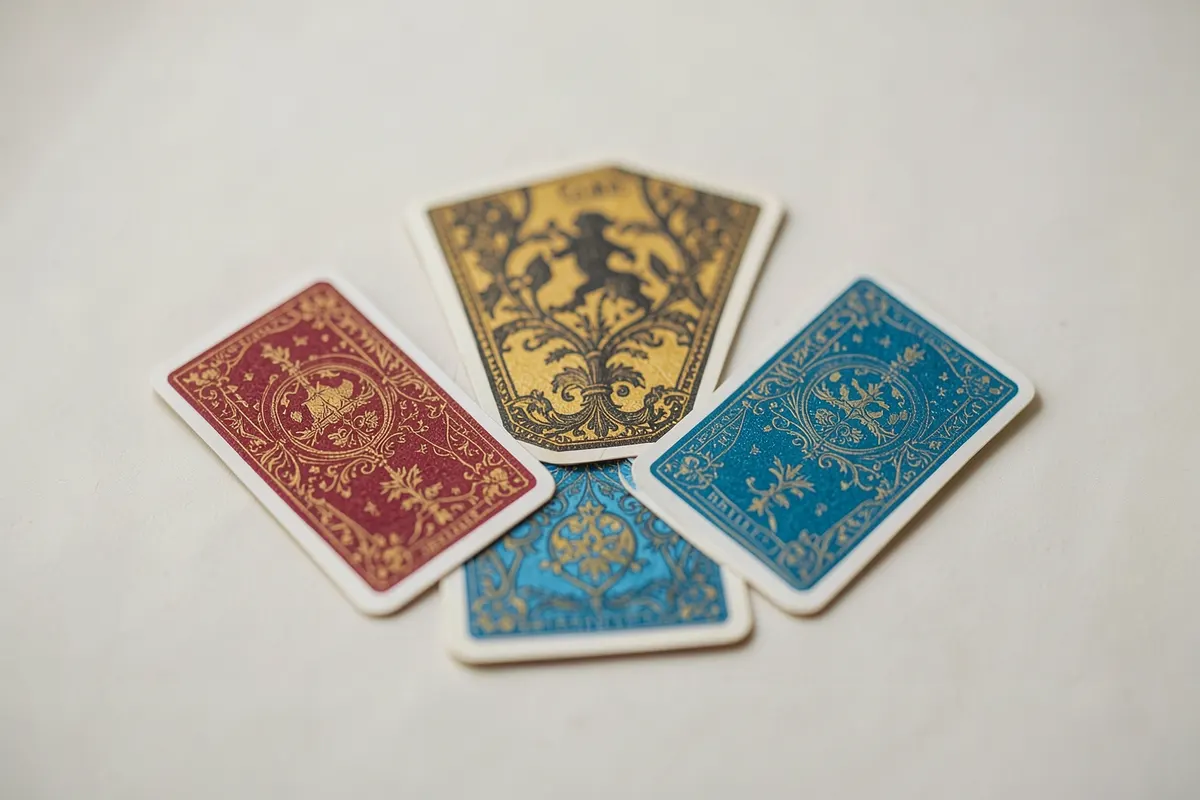 Um arranjo de cinco cartas do Baralho Cigano formando um pequeno círculo, com ilustrações variadas.