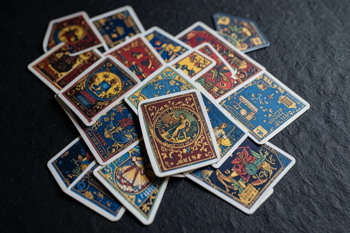 Uma visão de cima de várias cartas do Baralho Cigano dispostas aleatoriamente, algumas parcialmente sobrepostas.