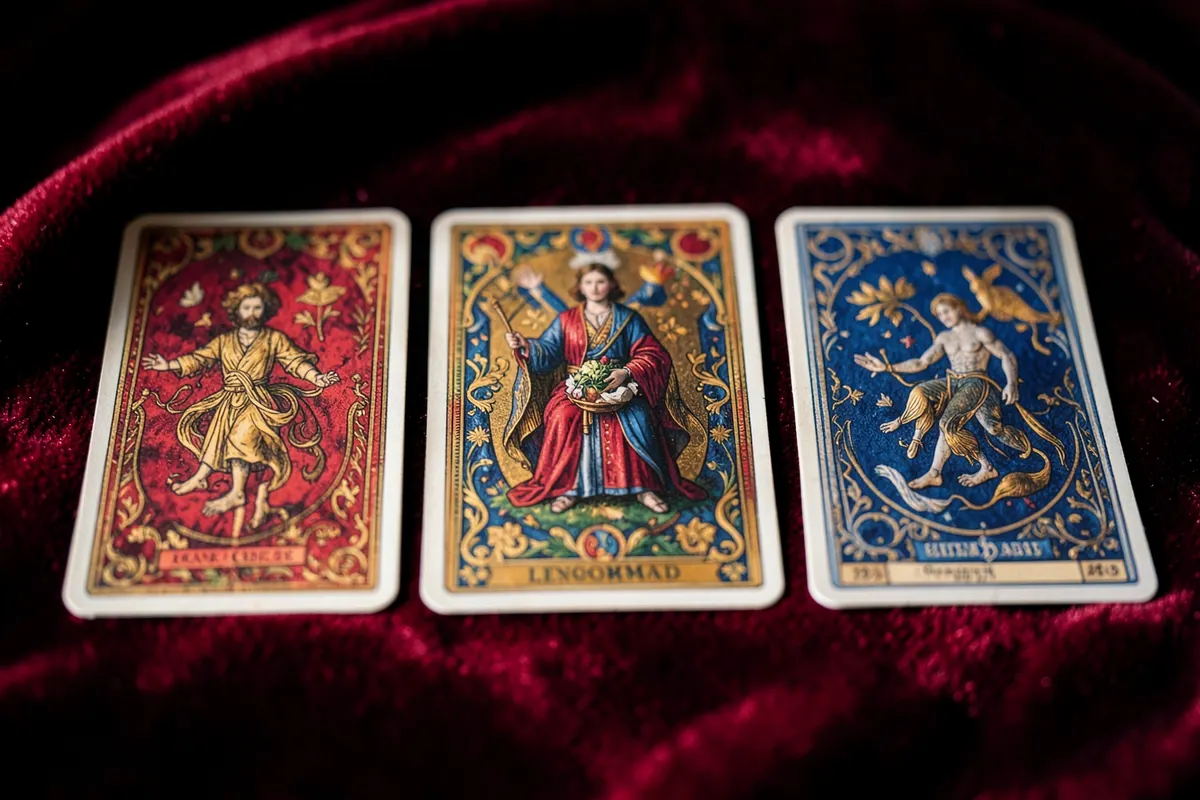 Um close-up de três cartas do baralho cigano dispostas em linha sobre um tecido aveludado, mostrando detalhes das ilustrações como uma chave, um navio e uma árvore.