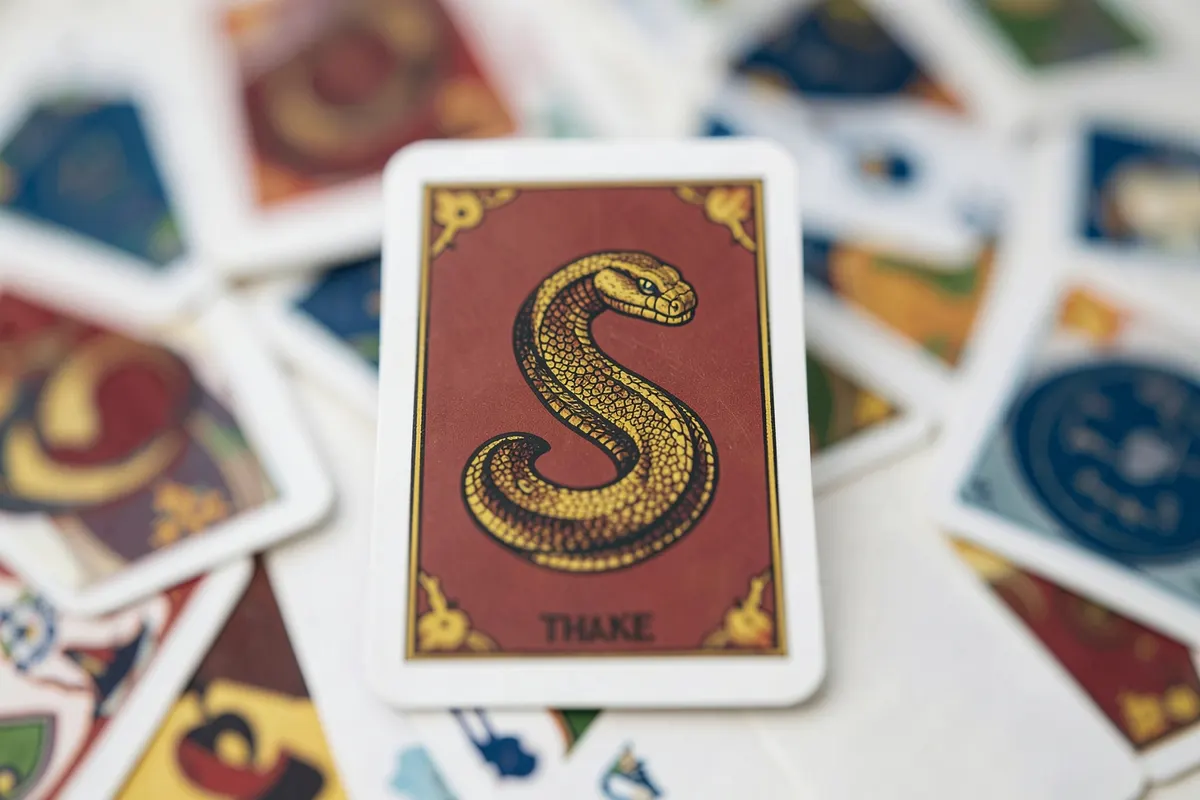 Uma única carta do baralho cigano, a carta da 'Serpente', em destaque sobre um fundo desfocado de outras cartas, com foco nos detalhes do desenho da serpente enrolada.