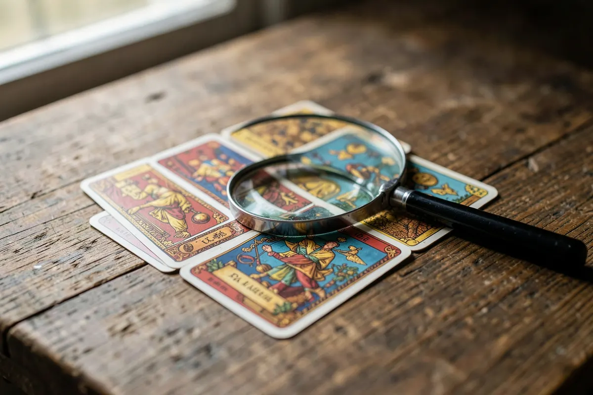 Um arranjo de cinco cartas do baralho cigano formando um pequeno padrão sobre uma superfície de madeira rústica, com uma lupa posicionada sobre uma das cartas.