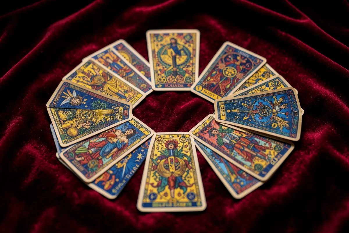 Um arranjo de cartas do baralho cigano dispostas em um círculo sobre um pano de veludo vermelho, com uma bola de cristal no centro.