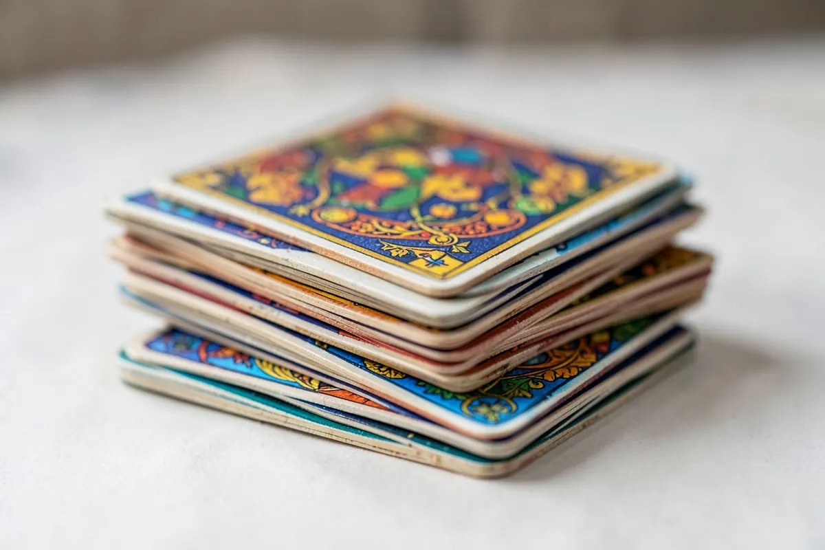 Um close-up de várias cartas do baralho cigano empilhadas, mostrando diferentes símbolos e cores vibrantes.