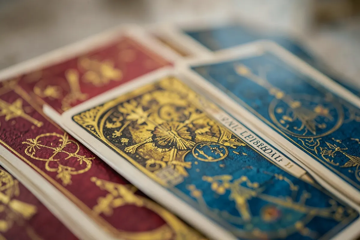 Um close-up de cartas do baralho cigano com símbolos místicos e cores vibrantes.