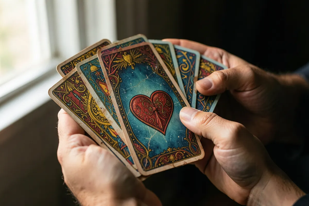 Duas mãos segurando cartas do baralho cigano, com uma carta central mostrando um coração.