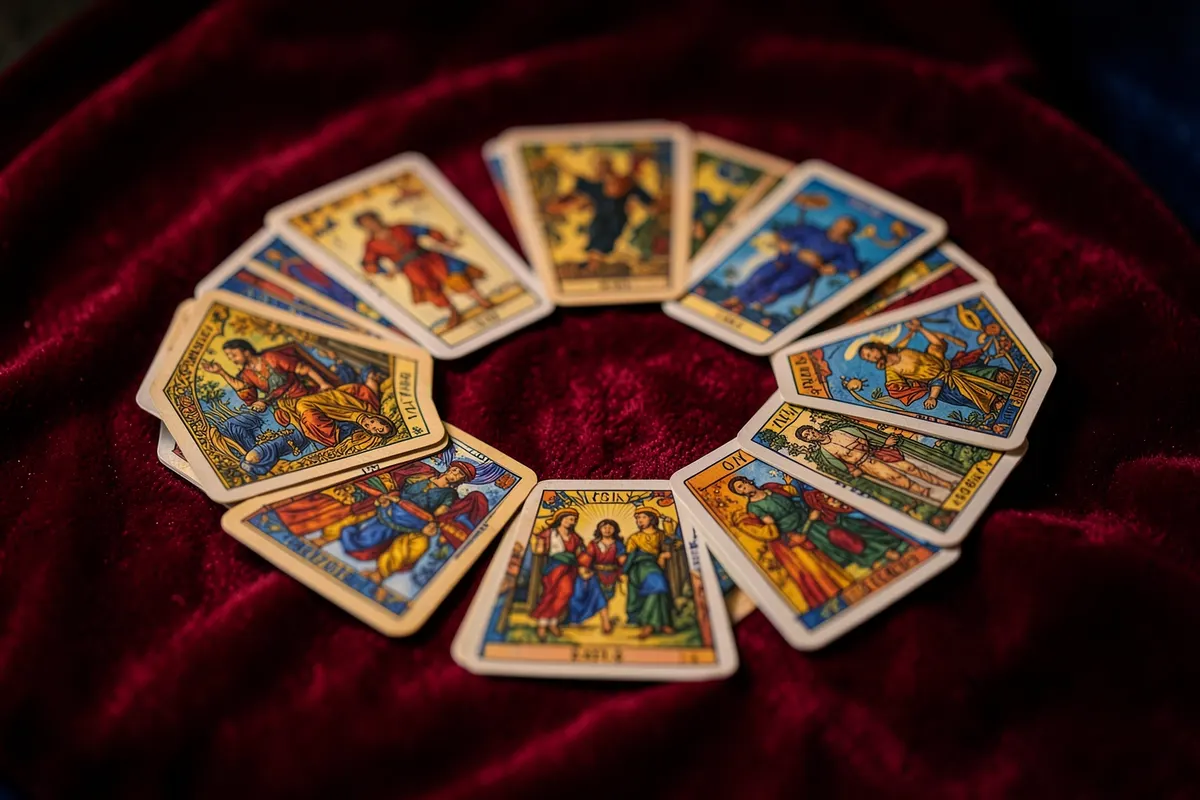 Um conjunto de cartas do baralho cigano dispostas em um círculo sobre um tecido aveludado vermelho.