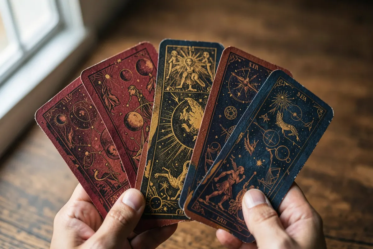 Mãos segurando um baralho cigano aberto, mostrando as cartas com símbolos místicos.