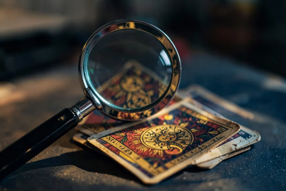 Uma lupa sobre algumas cartas do baralho cigano, focando em um símbolo específico.