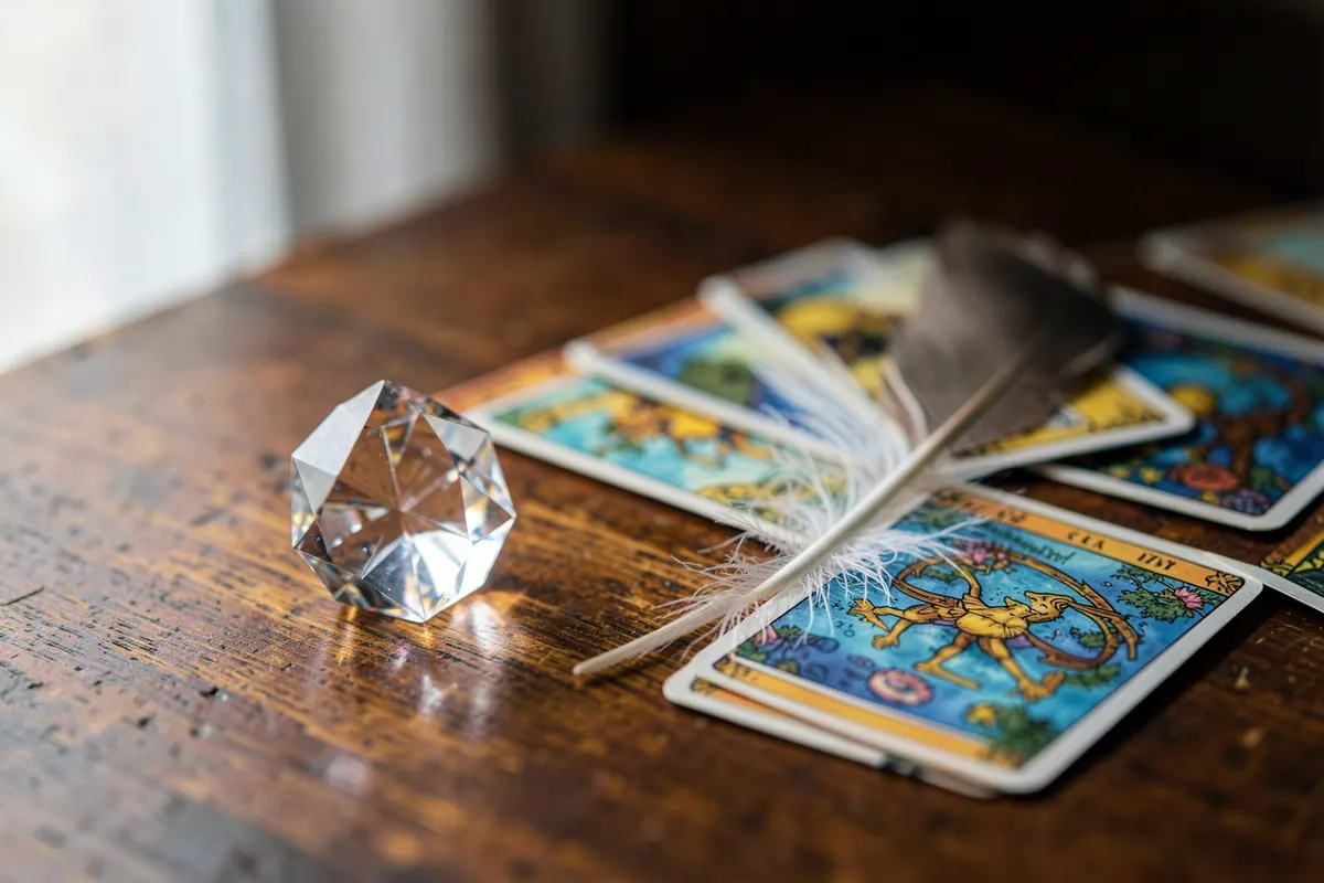 Um pequeno cristal e uma pena ao lado de cartas do baralho cigano em uma superfície de madeira.