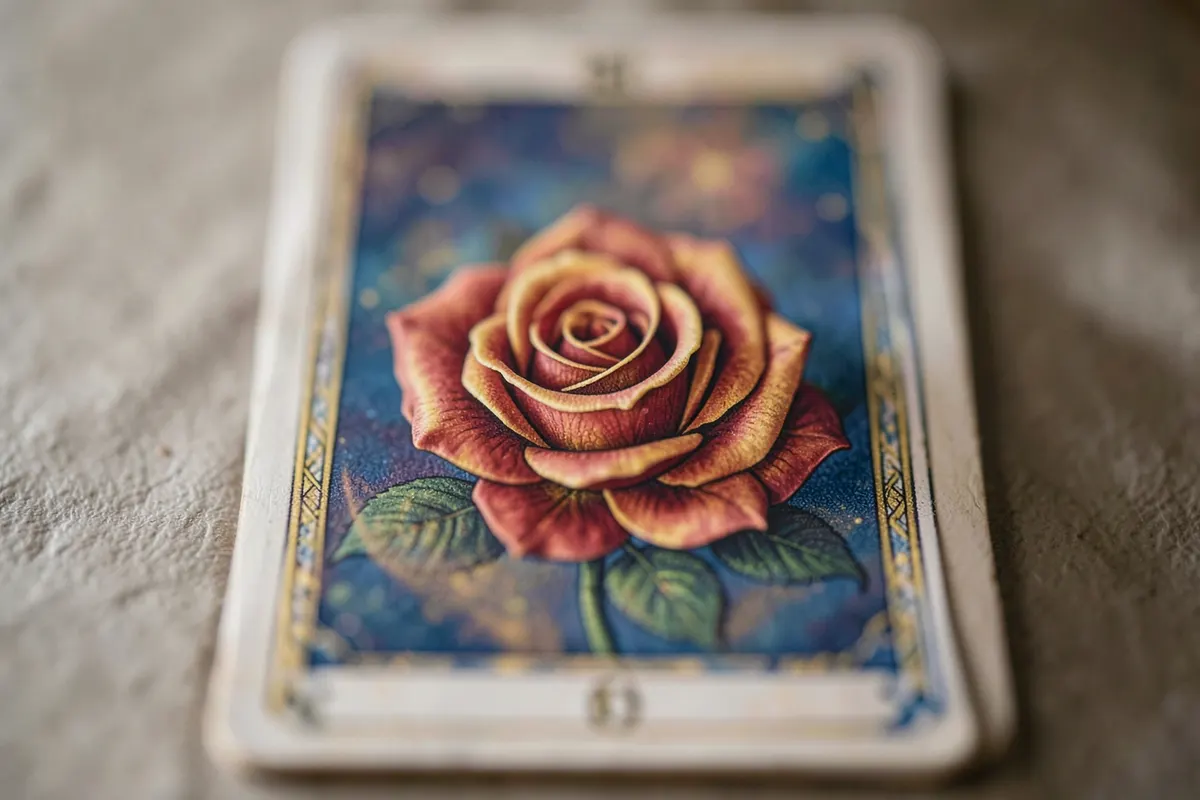 Uma única carta do baralho cigano com o desenho de uma rosa, em close-up.