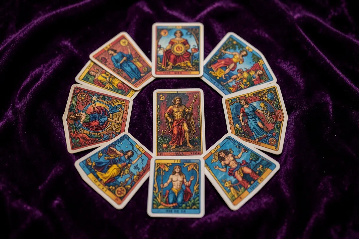 Um conjunto de cartas de tarot dispostas em um círculo sobre um pano de veludo roxo.