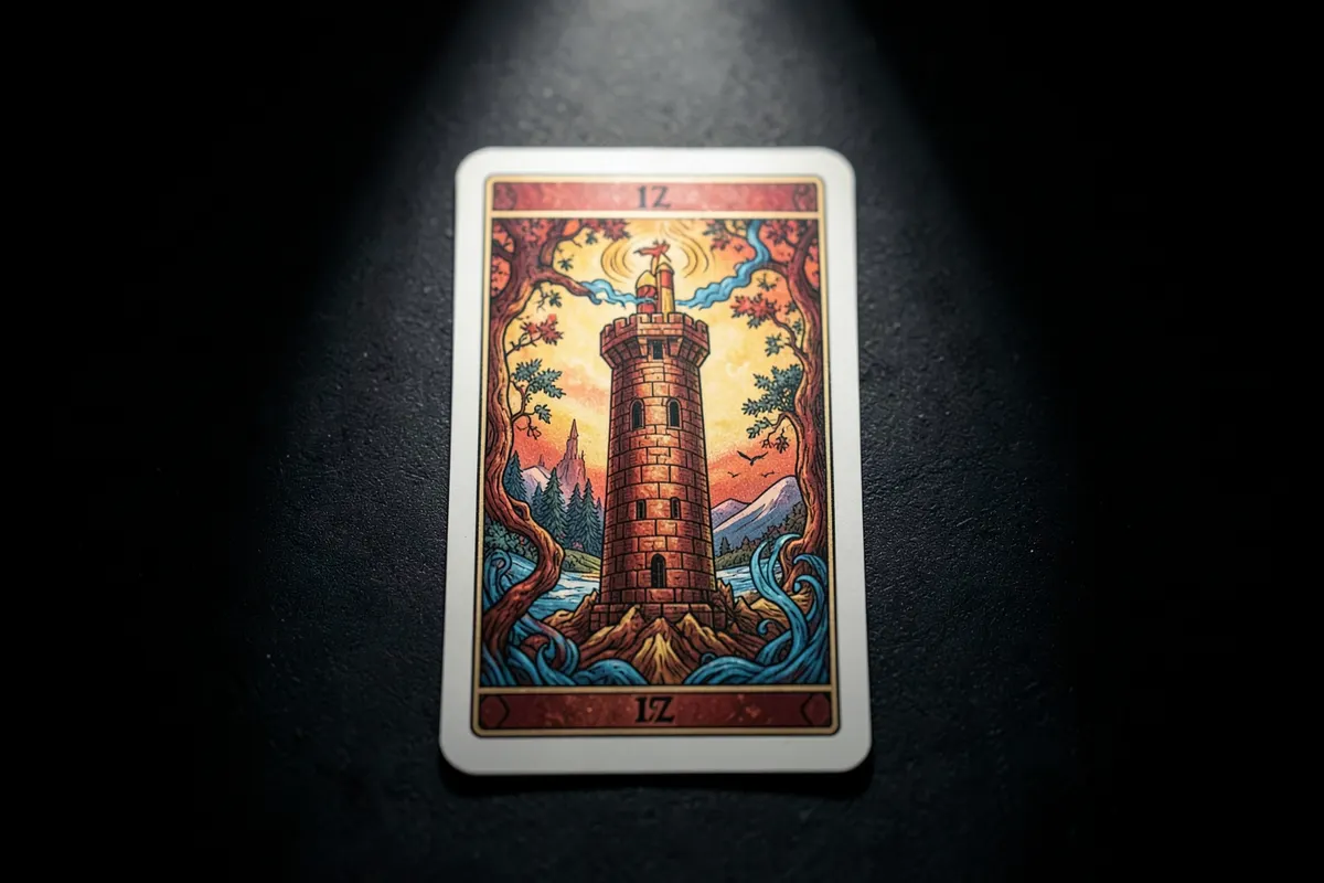 Uma única carta de tarot, A Torre, virada para cima sobre um fundo escuro.