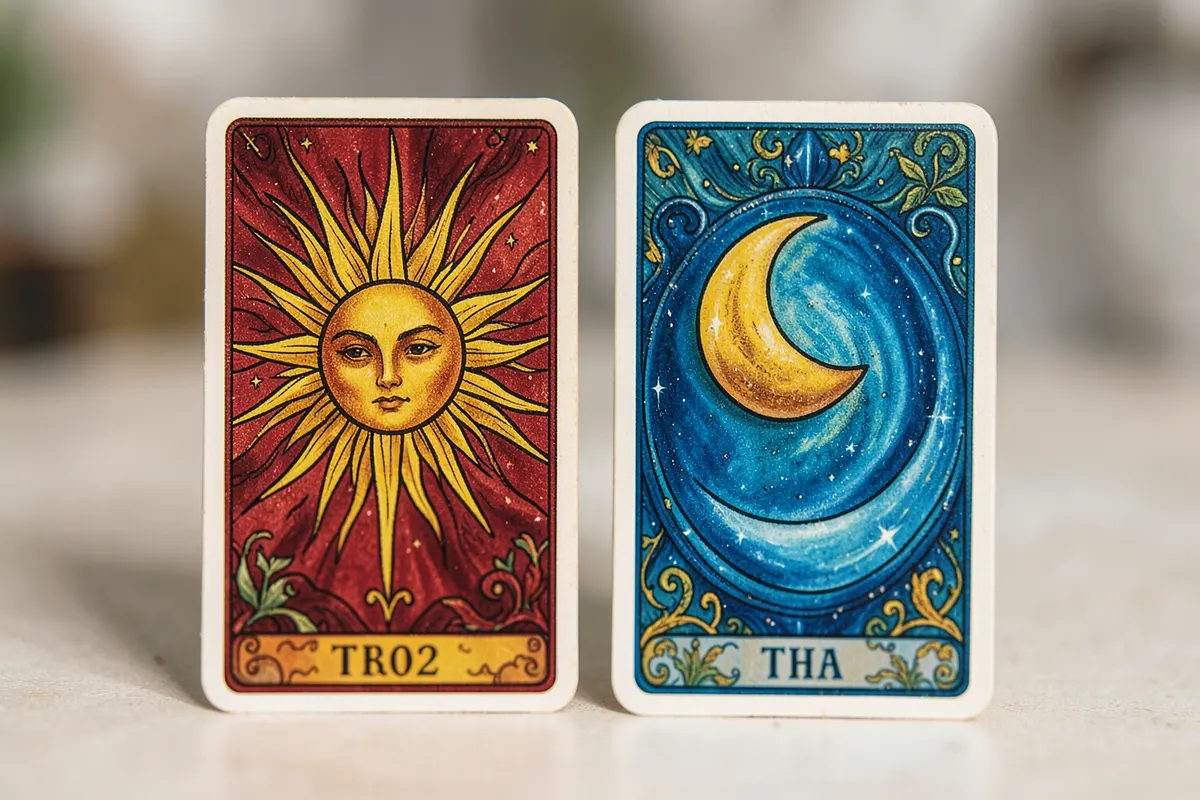 Um close-up de duas cartas de tarot, O Sol e A Lua, lado a lado.