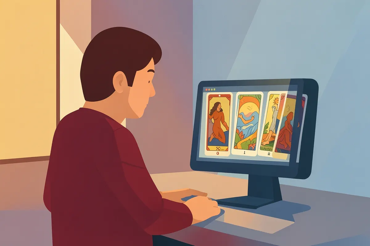 Pessoa olhando para cartas de tarot em uma tela de computador.