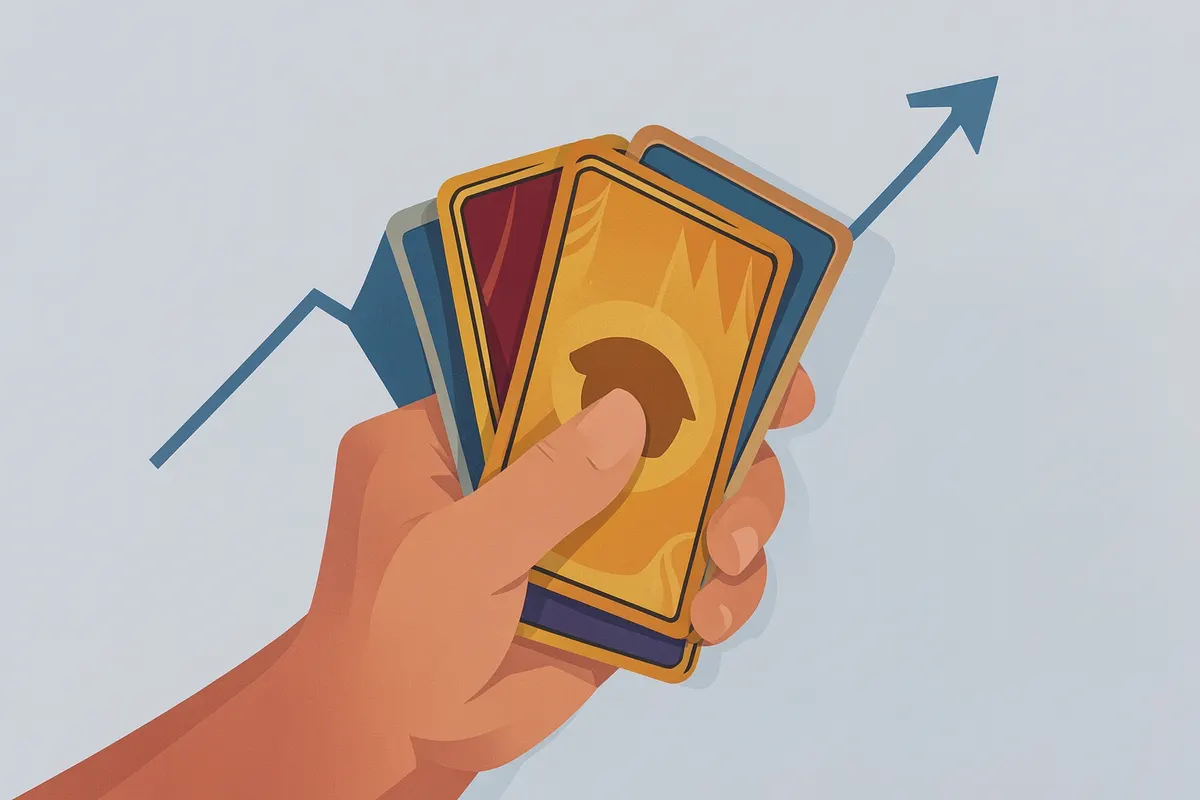 Mão com cartas de tarot e um gráfico ascendente ao fundo.