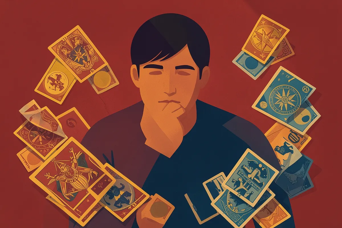 Pessoa pensativa com cartas de tarot e notas de dinheiro.