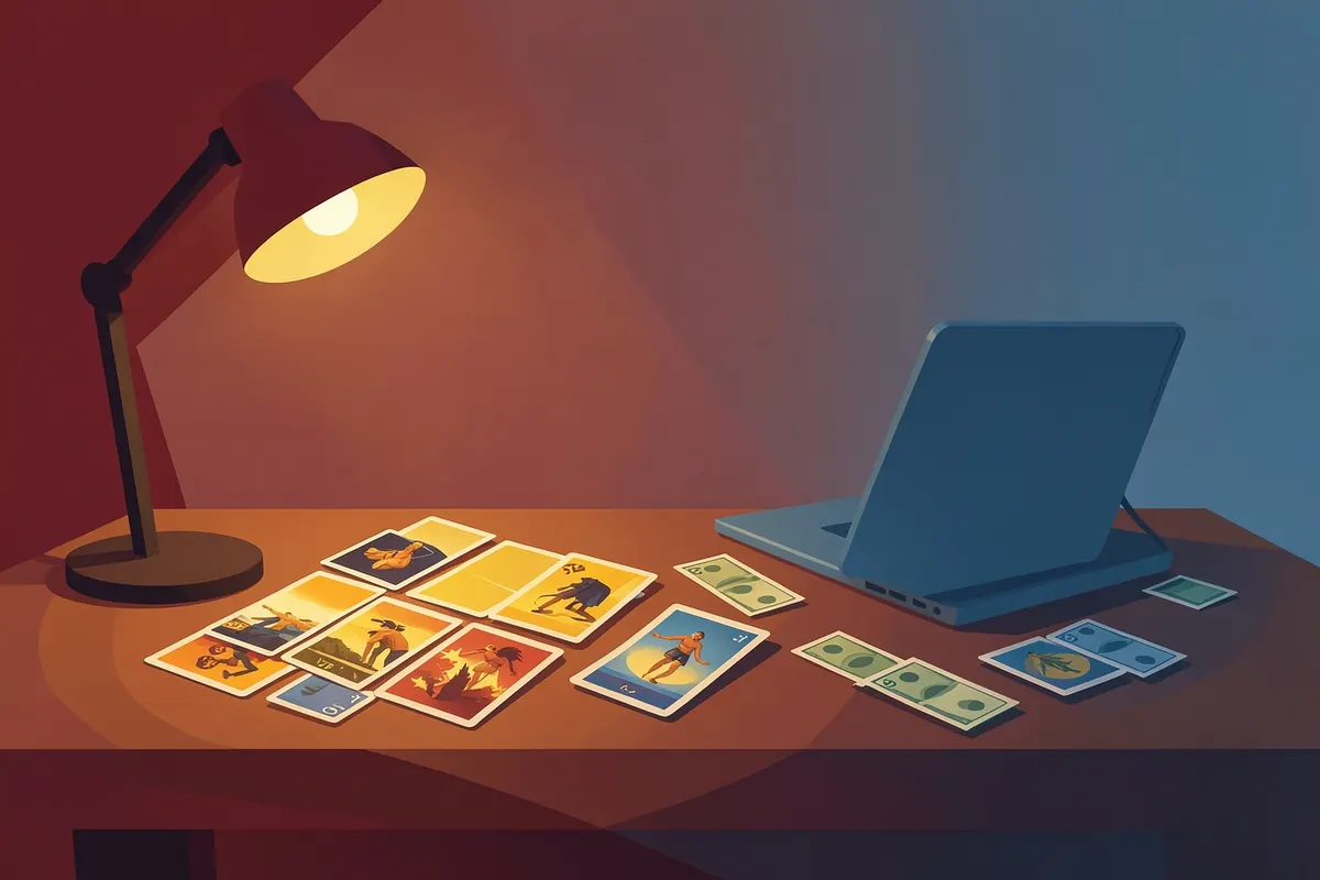Mesa com cartas de tarot, computador e notas de dinheiro.