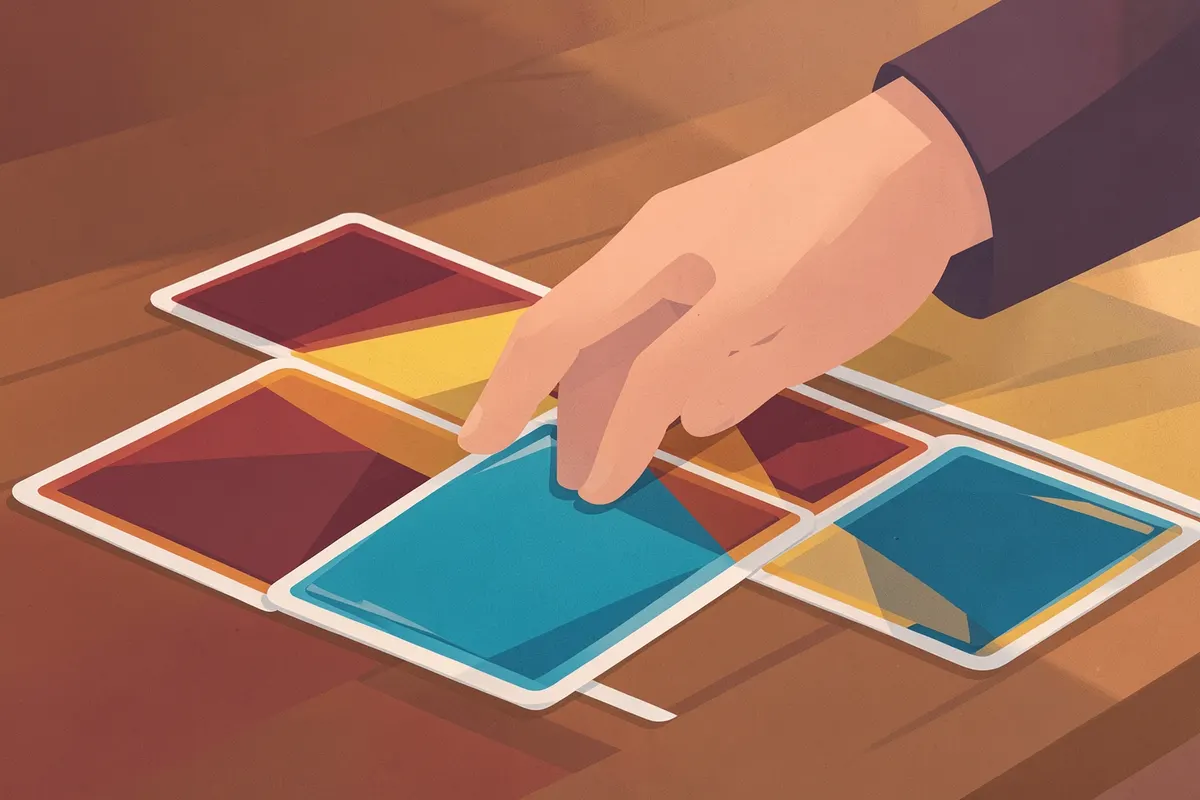 Mão interpretando cartas de tarot sobre uma mesa de madeira.