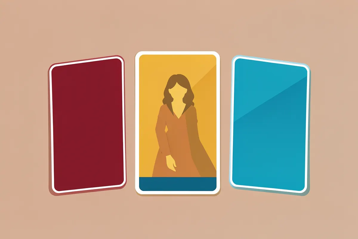 Três cartas de tarot dispostas em formato de tiragem sobre uma mesa.