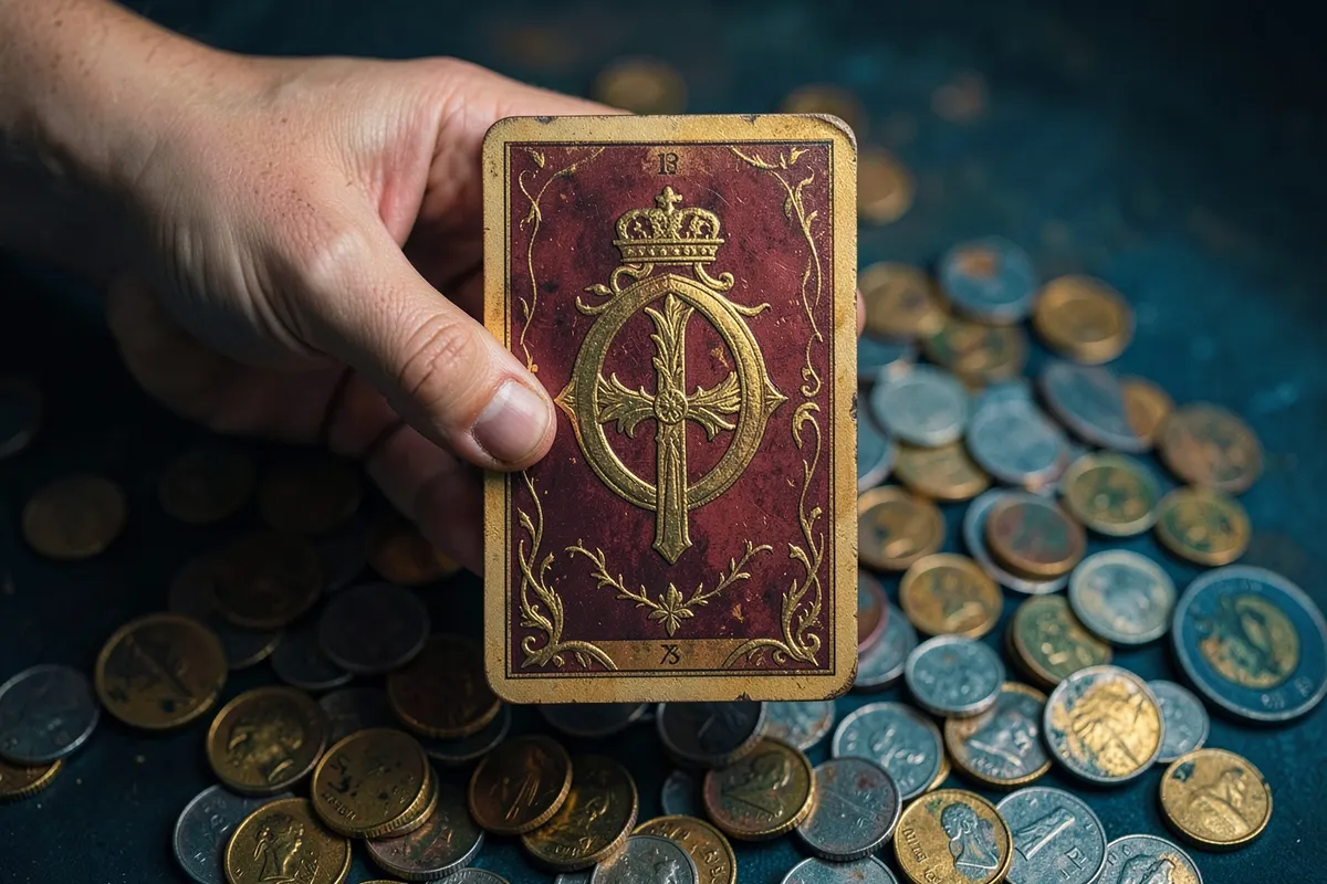 Uma mão segurando uma carta de tarot com o símbolo de ouro, sobre um fundo de moedas.