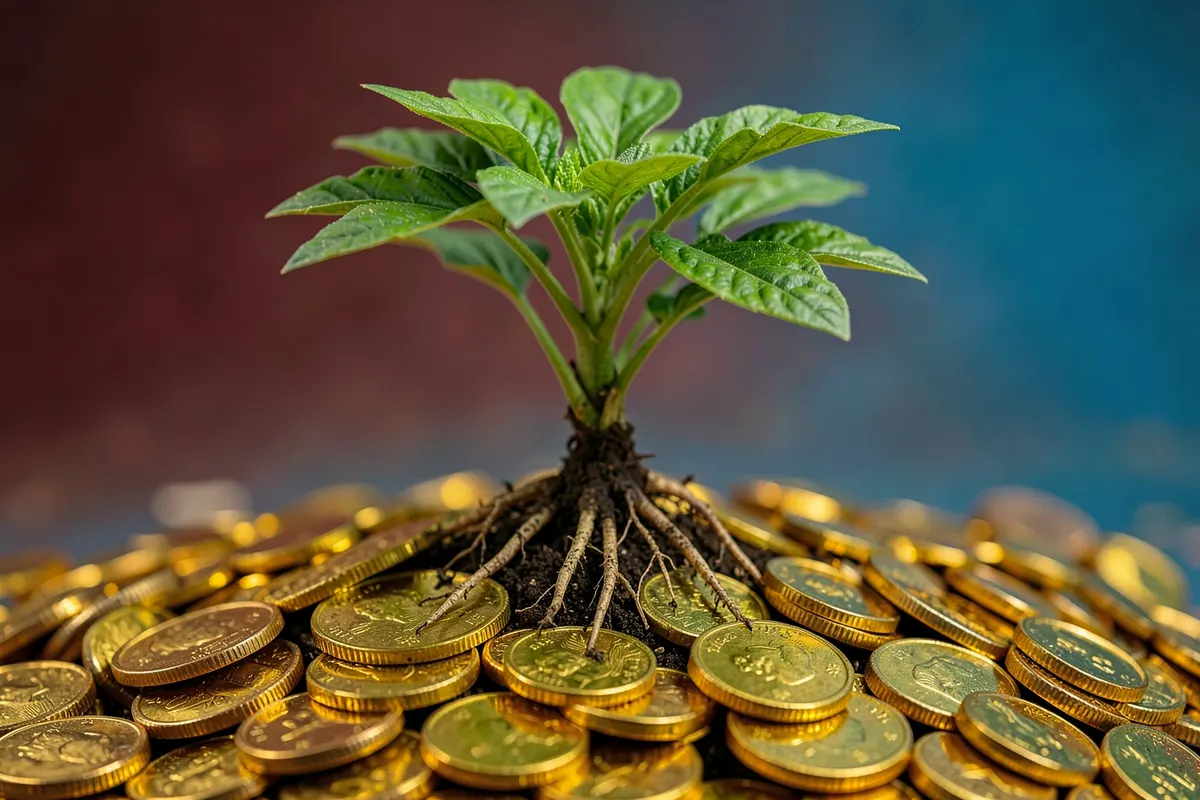 Uma planta crescendo em direção a uma pilha de moedas de ouro, simbolizando crescimento financeiro.