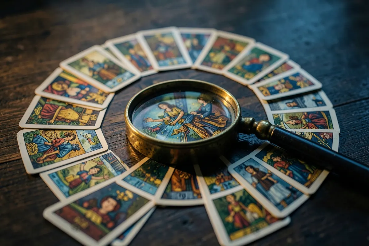 Um conjunto de cartas de tarot dispostas em um círculo sobre uma mesa de madeira escura, com uma lupa focando em uma carta central.